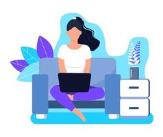 Girl is working remote on laptop in sofa. Freelancer job illustration. Home business concept vector on floral background.