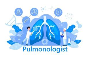 Pulmonologist concept vector. Pulmonary fibrosis, tuberculosis illustrtion. Pneumonia, lung diagnosis x-ray machine. Tiny doctors treat, scans lungs vector