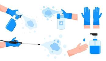 Disinfection spray bottles set vector for app, web, landing page. Human in gloves holding pipe of antiseptic spray. Coronavirus prevention are shown. Distinctive liquids