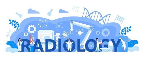 Radiology and radiologist concept vector for medical website header. X-ray image and scanning of patient in clinic. Ultrasound and tomography machines are shown.