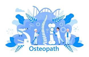 Osteopath vector concept. Osteoporosis world day,. Tiny doctors research osteoarthritis anatomical bones of human. Joint pain, fragility of lower leg are shown. It is for landing page, app