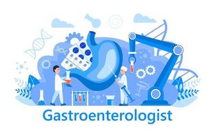 Gastroenterology concept vector. Stomach doctors examine, treat dysbiosis. Tiny gastroenterologist looks through magnifying glass at harmful bacteria. Gastritis, stomach ulcer illustration vector