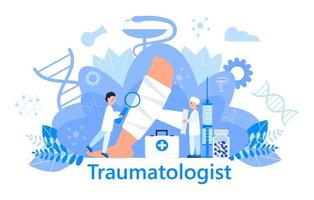 Traumatologist concept vector for landing page, banner. The surgeon puts a cast on the lower leg. Tiny doctors treat rheumatism, osteoarthritis, arthritis. They make x ray scans.