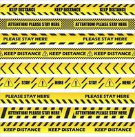 Keep distance on floor stripes set vector. Restrictive tape stickers in yellow with stripes to separate people at a safe distance. Stay here is text on seamless tape vector