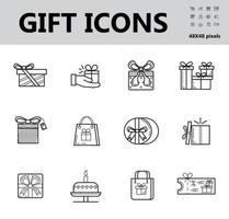 Gift icon set vector in simple outline style. Sign of the gift box. The package is tied with bow. Online donation for illustration. The online store distributes prizes. Cake in birthday and voucher.