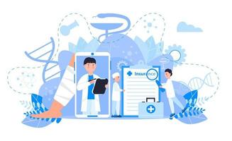 Healthcare insurance vector concept, people with doctor fill health online form insurance. Help agent service for calculate insurance bill. it can used for landing page, ui, web, mobile apps.