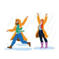 Raincoat Wearing Man And Woman In Rainy Day Vector
