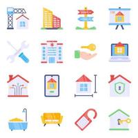 paquete de iconos planos de bienes raíces en línea vector