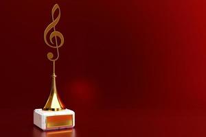 premio de música dorada con una clave de sol sobre un fondo rojo, ilustración 3d foto