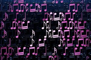 Black music sheet background with pink drawn notes. Simple cartoon design. 3D illustration photo