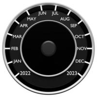 3D illustration close up black speedometer with cutoffs 2022,2023 and calendar months. The concept of the new year and Christmas in the automotive field. Counting months, time until the new year photo