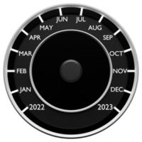 3D illustration close up black speedometer with cutoffs 2022,2023 and calendar months. The concept of the new year and Christmas in the automotive field. Counting months, time until the new year photo