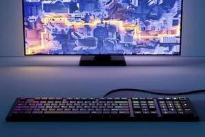3d illustration, Powerful personal computer gamer with screen game. Cozy desktop for gamer, monitor with rgb keyboard lit with blue and neon light. photo