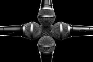Microphones, round shape model on black background, realistic 3D mockup. music award, karaoke, radio and recording studio sound equipment photo