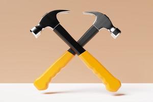 3D illustration of a metal hammer with a yellow handle hand tool isolated on a beige  background. 3D render and illustration of repair and installation tool photo