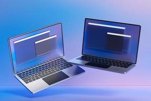 3D illustration of 2 laptops with an open browser tab on the screen. Search on the Internet.  Template search user interface.