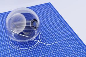 3D illustration drawing of a glass ball with a hole inside on a background of blue millimeter paper photo