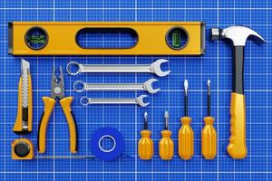 3D illustration of a metal hammer, screwdrivers, pliers, level, tape measure, electrical tape, cutter with yellow handle on graph paper. 3D rendering of a hand tool for repair and installation photo