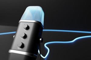 3d illustration close-up of a metal  retro microphone on a black background photo