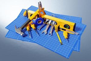 Ilustración 3d de un martillo de metal, destornilladores, alicates, nivel, cinta métrica, cinta eléctrica, cortador con mango amarillo en papel cuadriculado. Representación 3D de una herramienta manual para reparación e instalación. foto