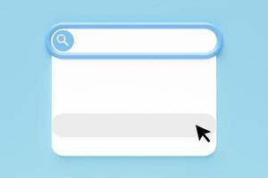 marco de búsqueda de ilustración 3d, cuadro, panel en Internet con un icono de lupa, un gran campo blanco para elegir entre opciones en un fondo azul foto