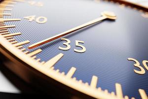 3d illustration  close up  of  black  round clock, stopwatch shows the number 36  on a black and white checkered  background. Chronometer, vintage timer photo