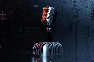 Silver microphone,   model on black background, realistic  3d illustration. music award, karaoke, radio and recording studio sound equipment photo