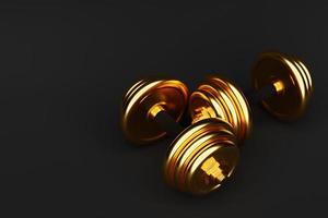 Shiny gold  iron dumbbells on black  isolated background. 3D rendering photo