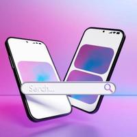 3D illustration of a mobile phone with a search bar on a pink background with geometric shapes. Internet search using smartphone. photo