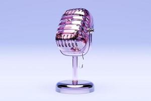 Pink transparent  microphone icon on a blue  background, close-up view. Live show, music recording, entertainment concept. 3d illustration photo