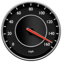 3D close-up illustration of a black dashboard of a car, a digital bright speedometer with a red arrow in a sporty style. photo