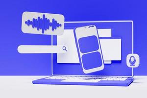 3D illustration of a laptop with a search frame, a box, an internet panel with a magnifying glass icon, and an audio search. The concept of a modern audio search on the Internet photo