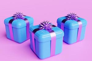 3d illustration of gifts in a beautiful purple packaging box, a satin ribbon bow on a blue background. Holiday attributes, gift set. photo