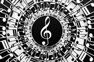 Treble clef in a circle of musical notes on a white background. Design. 3D illustration
