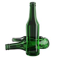 Ilustración 3d de tres botellas de cerveza de vidrio verde sobre fondo blanco aislado foto