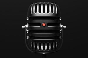 Black metal retro microphone, classic metal microphone on a black background, close-up view. Live show, music recording, entertainment concept. 3d illustration photo