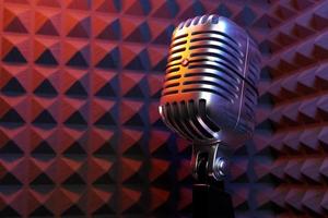 Silver  retro microphone against the backdrop of the walls of a recording studio with good sound insulation . minimal style. 3d rendering photo