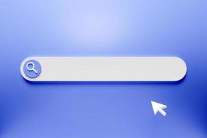 Ilustración 3D de una página de búsqueda en Internet sobre un fondo azul. iconos de la barra de búsqueda foto