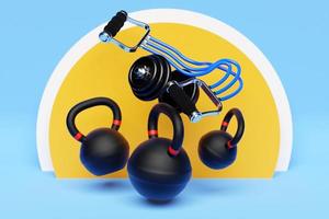 Bunch of fitness training weights  on colorful background. Dumbbells, kettlebell, fitness rubber. 3D illustration photo