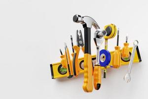 Various working tools for construction, repair. Screwdriver, level, electrical tape, hammer, knife, scissors, wrench, etc. 3D illustration photo