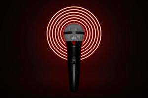 microphone, round shape model o neon background, realistic  3d illustration. music award, karaoke, radio and recording studio sound equipment photo