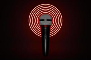 microphone, round shape model o neon background, realistic  3d illustration. music award, karaoke, radio and recording studio sound equipment photo