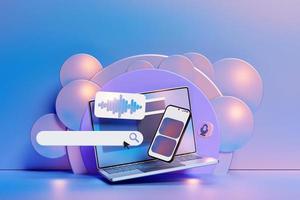 3D illustration of a laptop and smartphone with an open browser tab on the screen and an audio search icon.The concept of communication via the Internet, social networks, chat photo