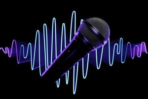Silver microphone,   model against the background of equalizer lines, realistic  3d illustration. music award, karaoke, radio and recording studio sound equipment photo