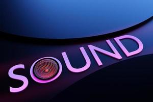 Sonido de inscripción de ilustración 3d de un altavoz de música sobre un fondo oscuro aislado. sistema de audio con parlantes para conciertos y fiestas foto