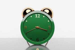 An green vintage alarm clock standing on the floor with a bright white background. 3d render illustration photo