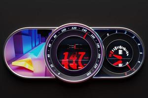 3D illustration of new car interior details. The speedometer shows the maximum speed of 147 km h, the tachometer with red backlight, the gasoline is low, the navigator shows the way photo