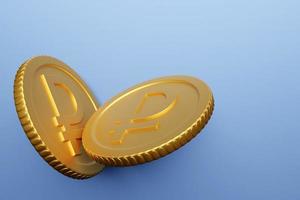 Golden coin with ruble sign isolated on blue background. Income concept. 3D rendering. photo