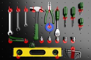 Construction tools. Hand tool for home repair and construction. wrench, cutter, electrical tape, ratchet, pliers, level hang in place on the shelf. 3D illustration photo