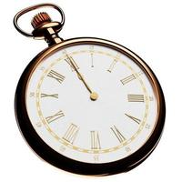 3d illustration of antique golden round clock on white isolated background. Stopwatch icon, logo. Chronometer, vintage timer
